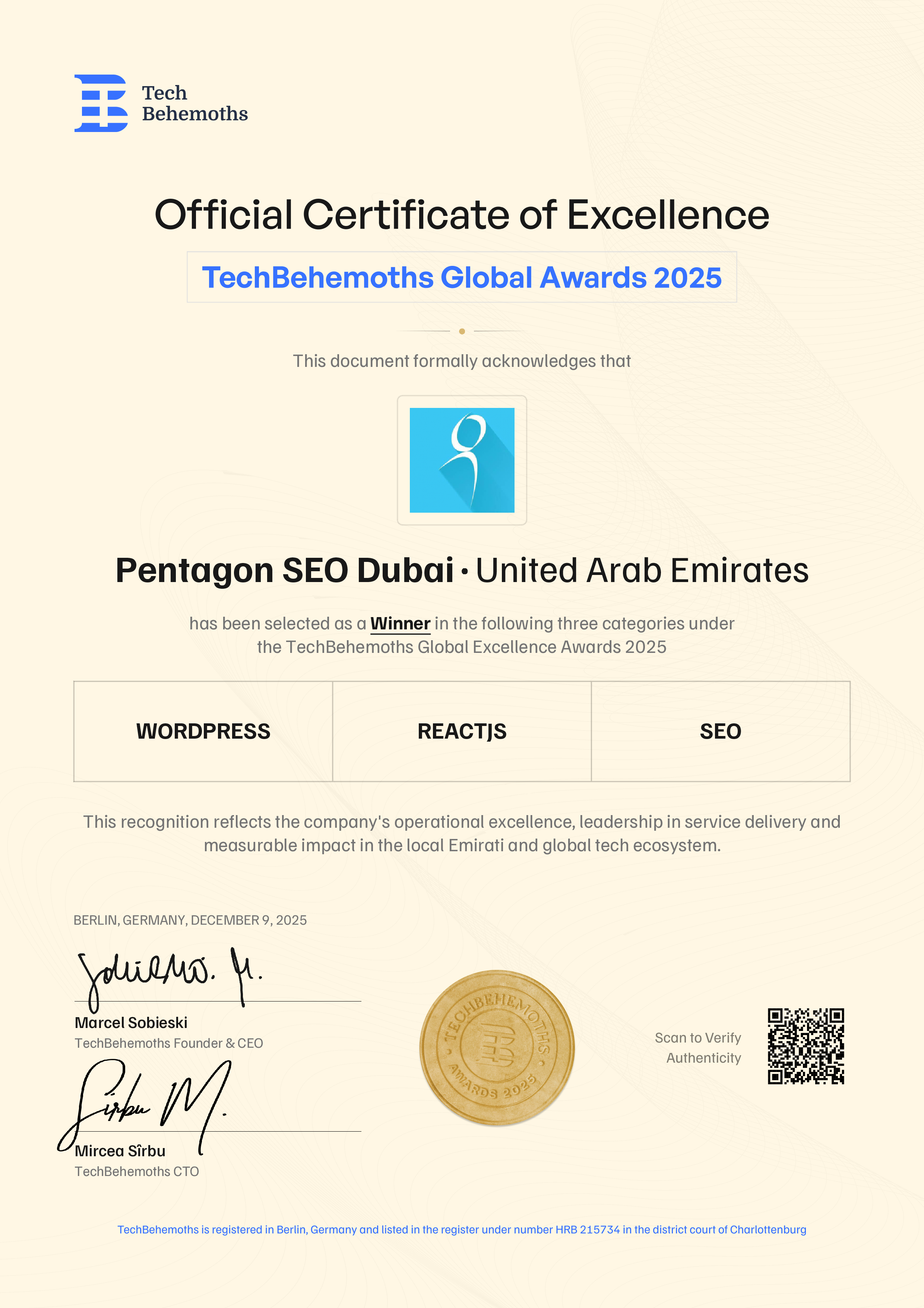 Pentagon SEO Dubai Certificate