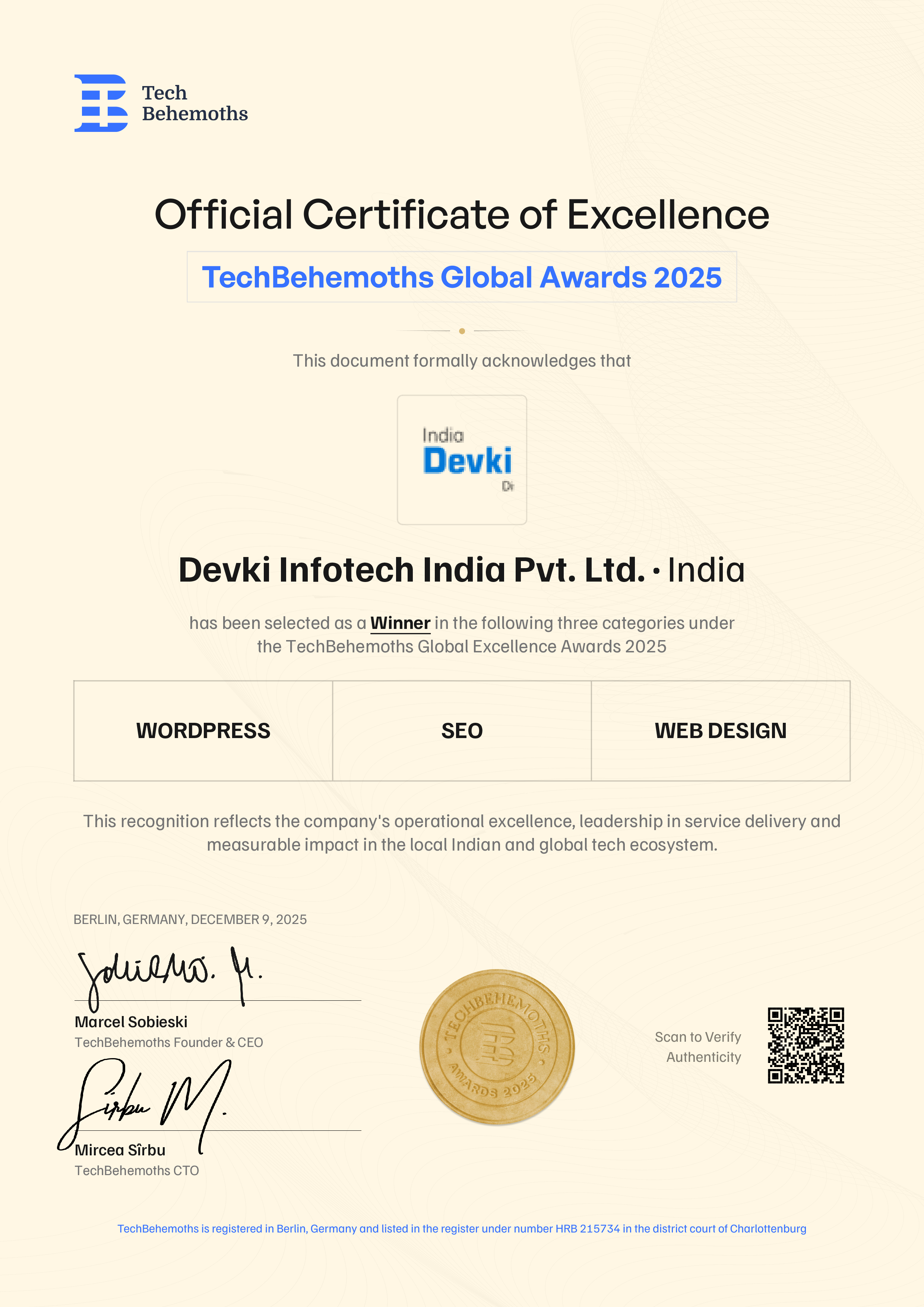 Devki Infotech India Pvt. Ltd. Certificate