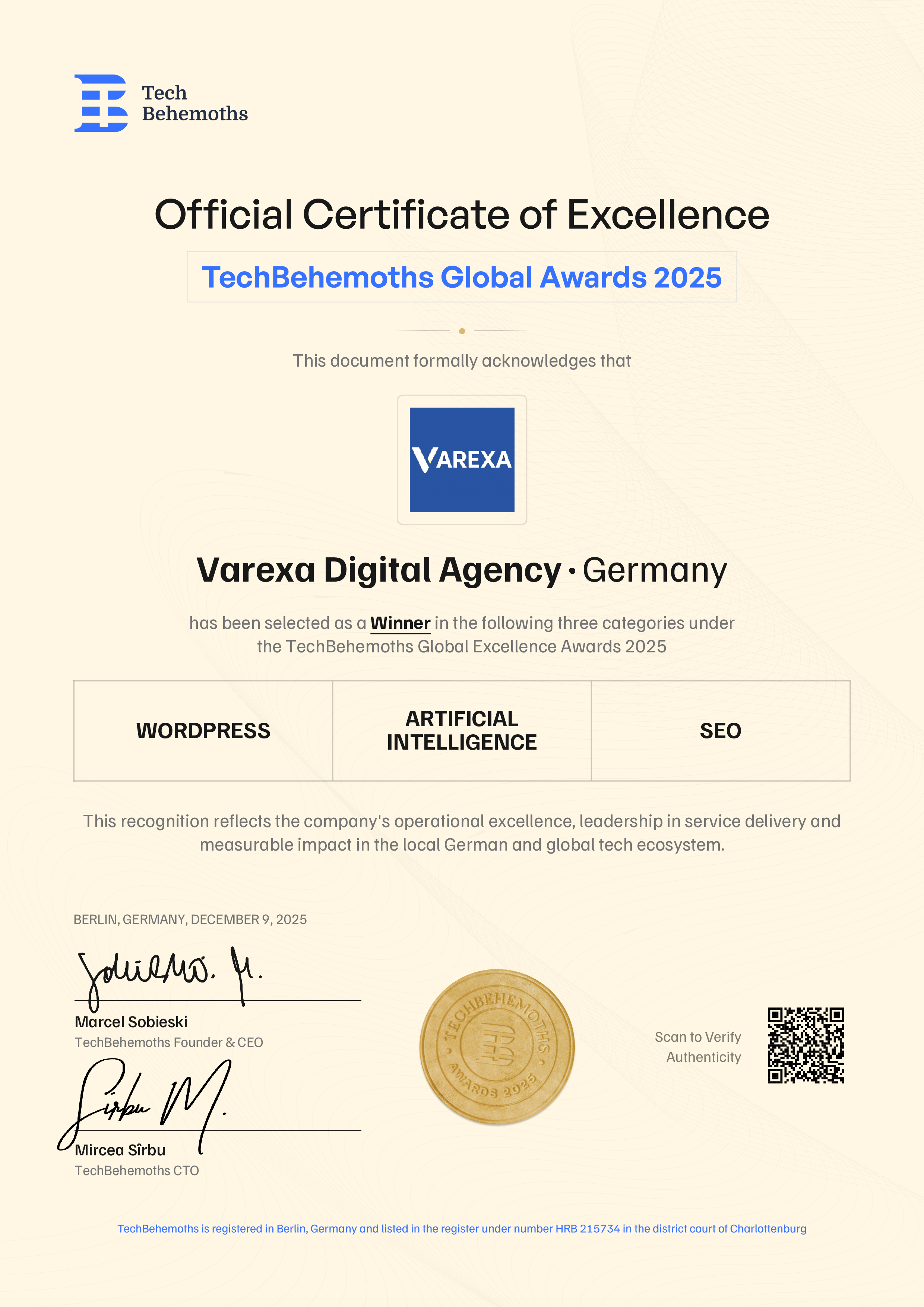 Varexa Digital Agency Certificate