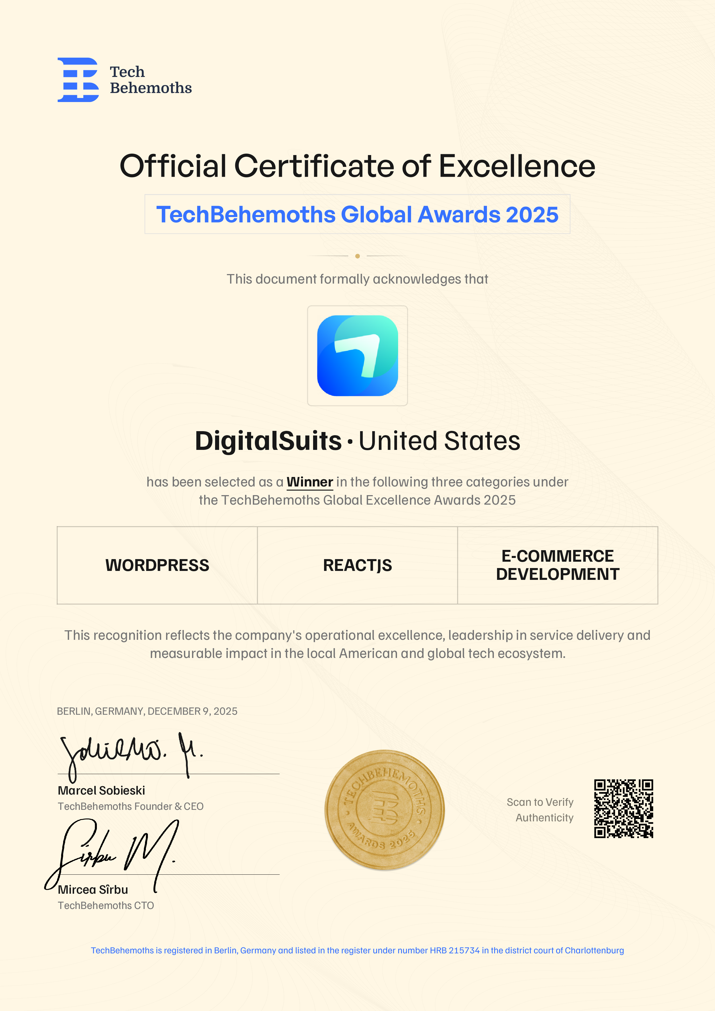 DigitalSuits Certificate