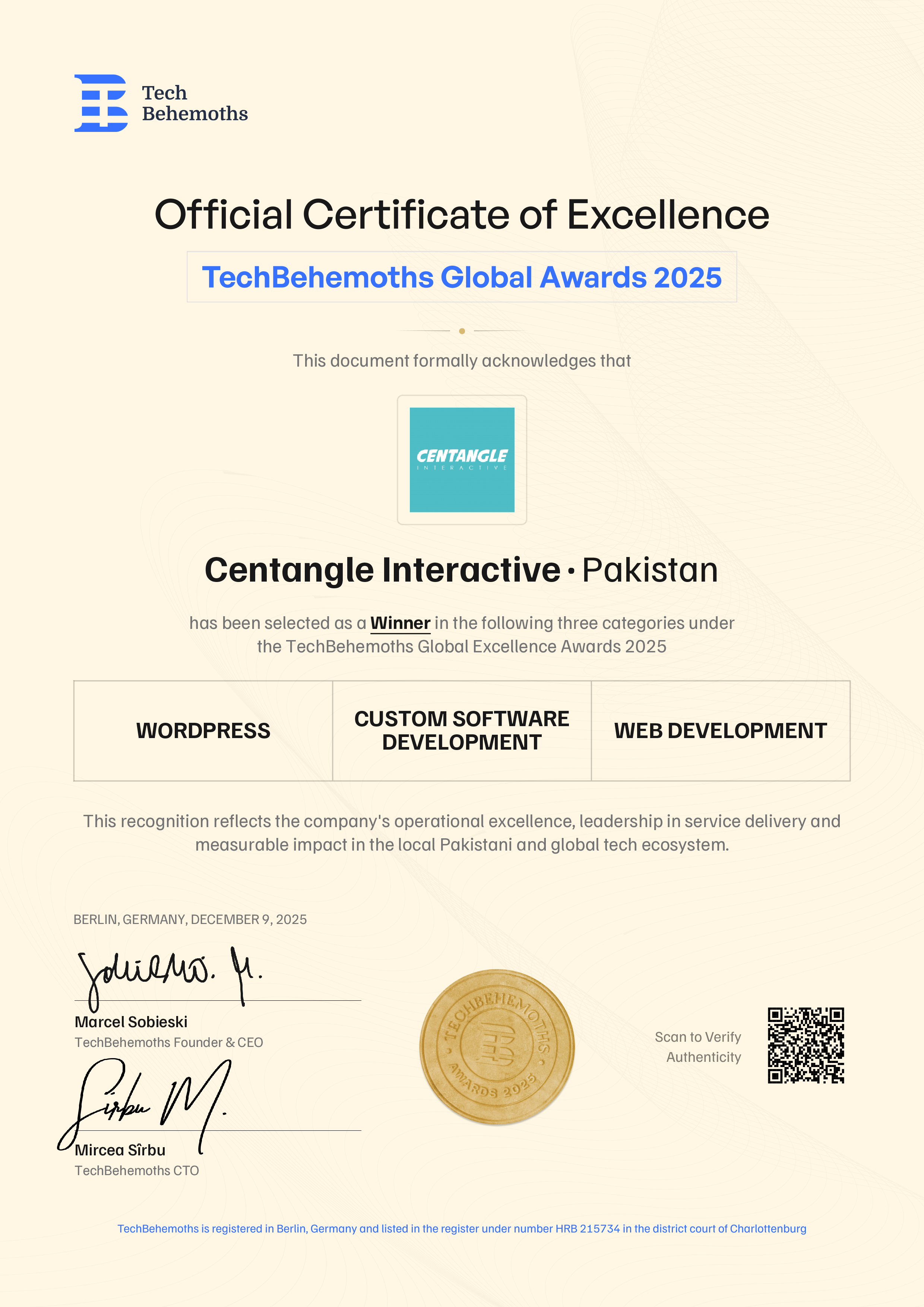 Centangle Interactive Certificate