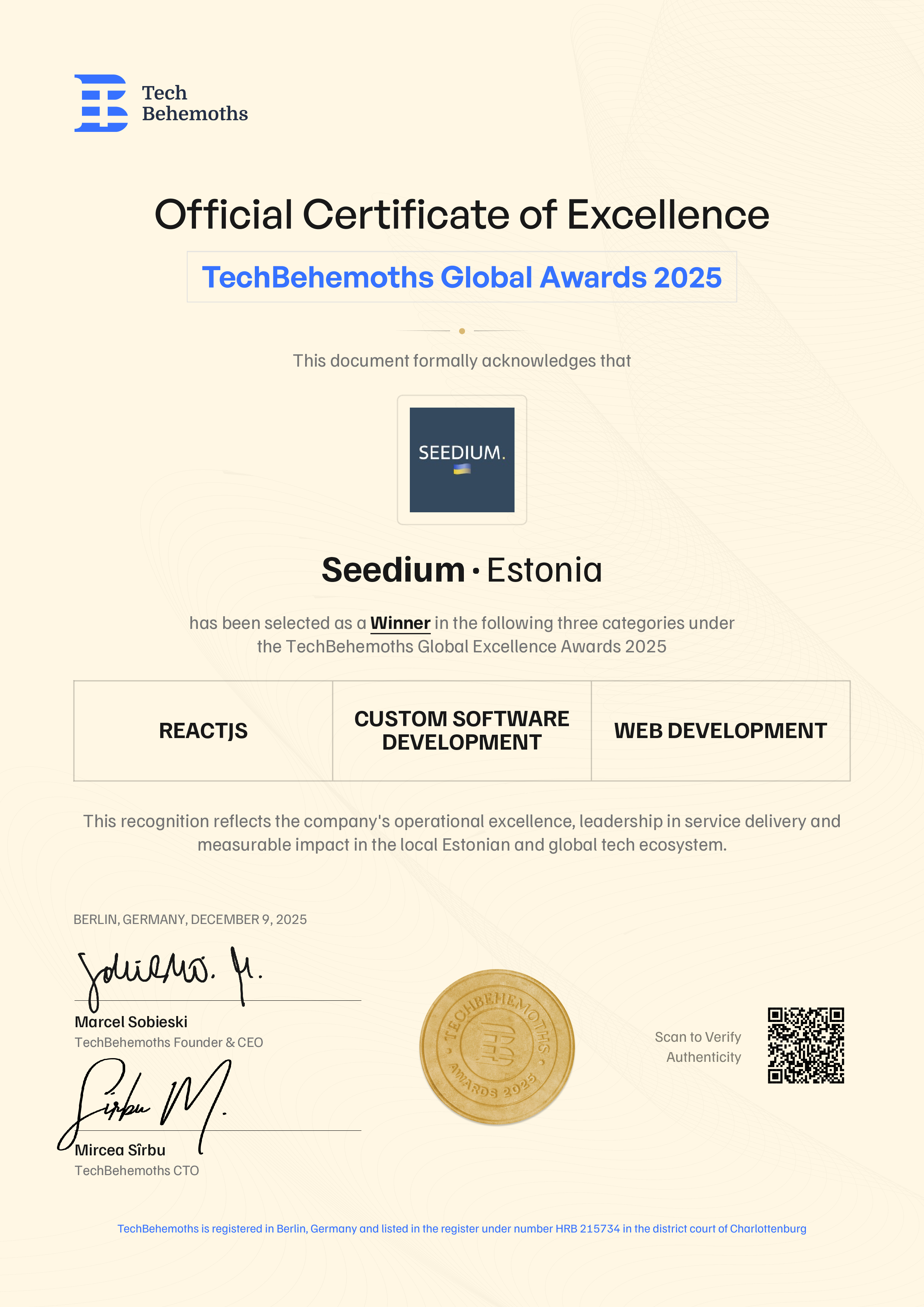 Seedium Certificate