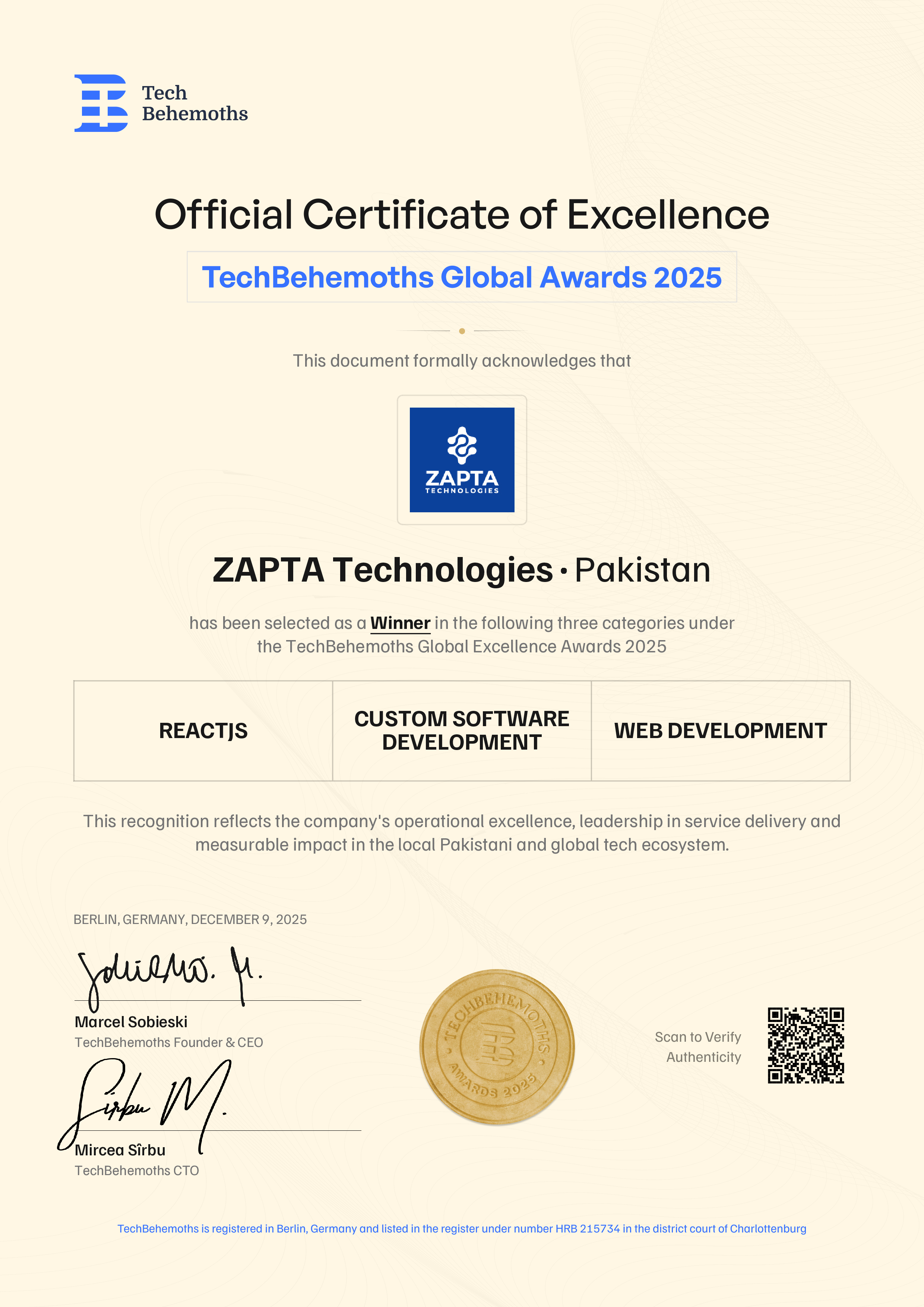 ZAPTA Technologies Certificate