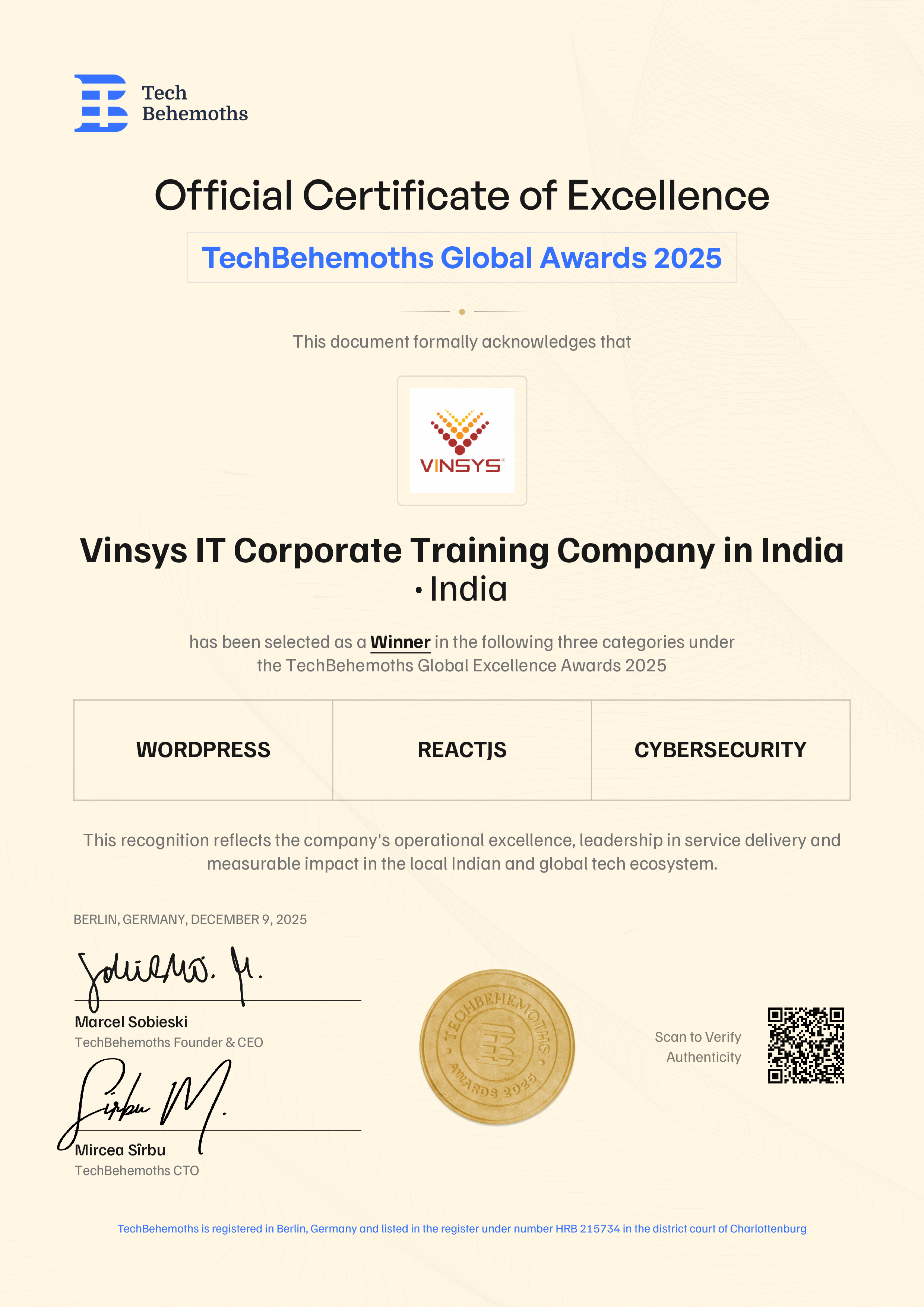 Vinsys IT Corporate Training Company in India Certificate