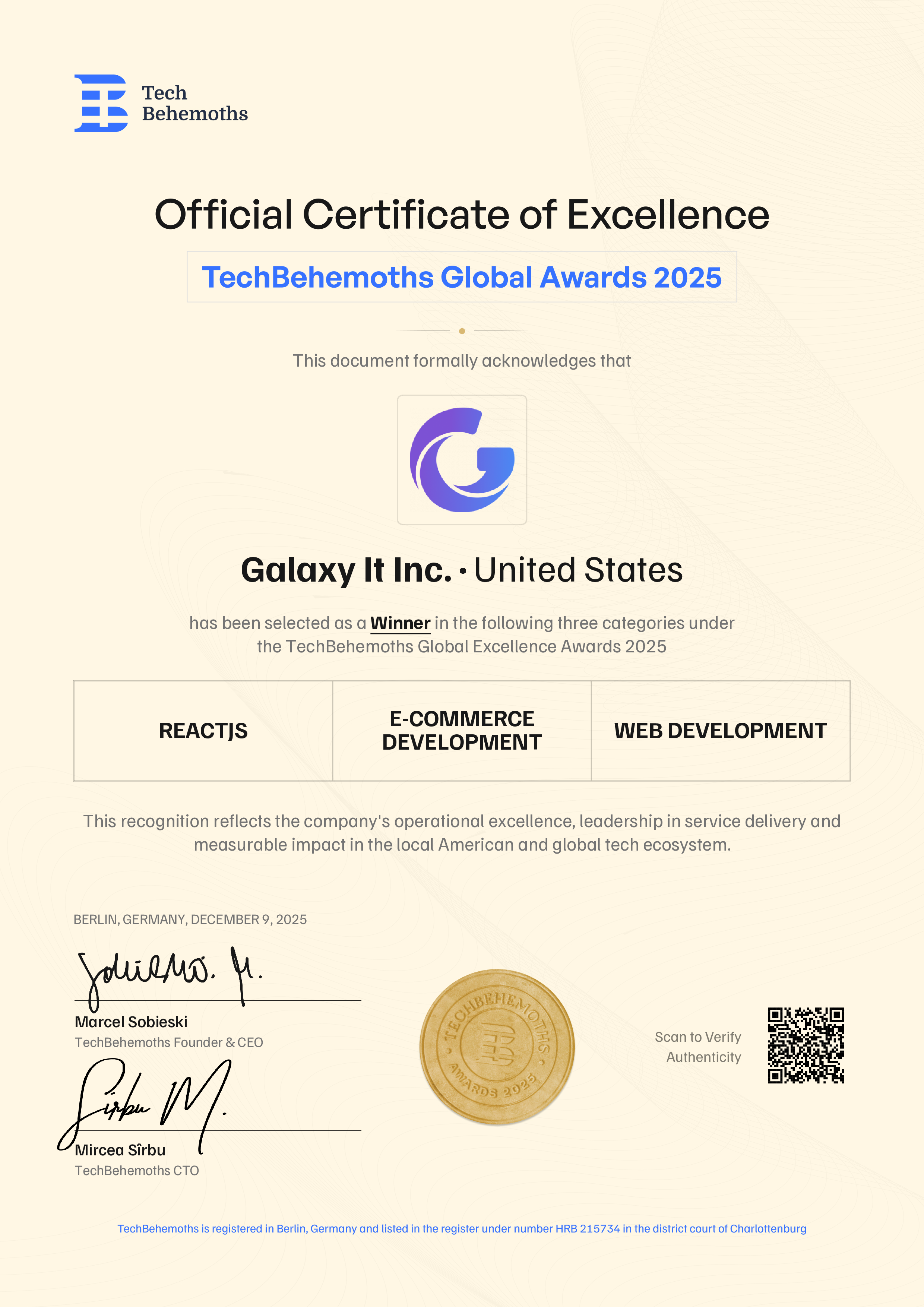 Galaxy It Inc. Certificate