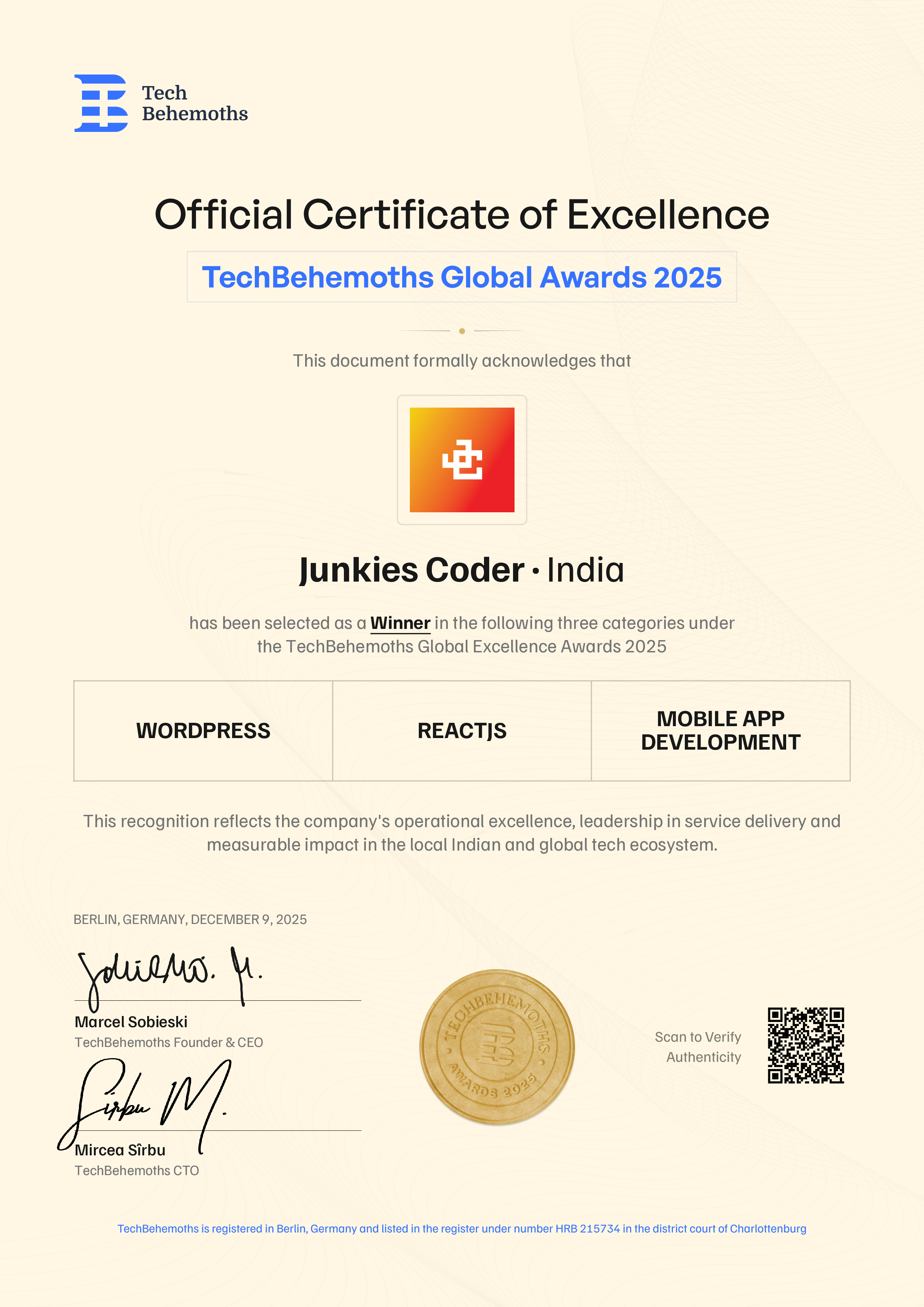 Junkies Coder - Mobile App Development company Certificate