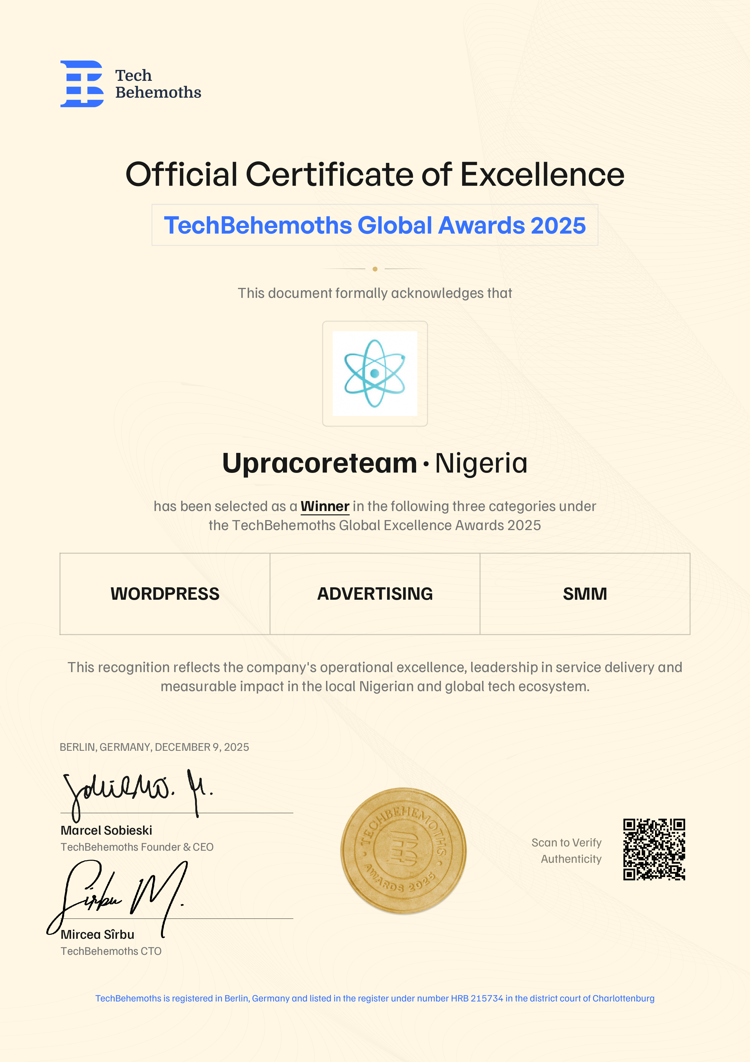Upracoreteam Certificate