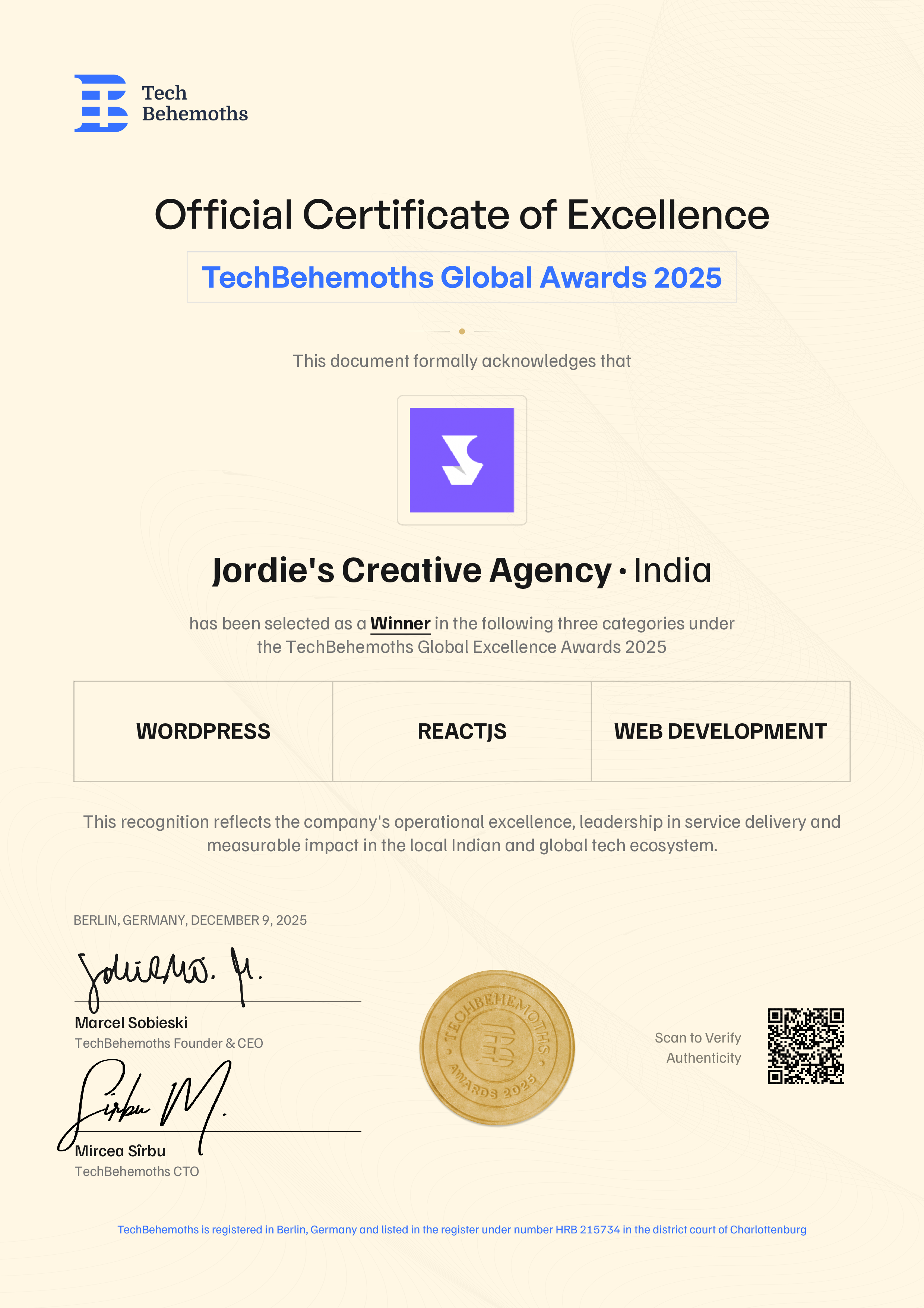Jordie's Creative Agency Certificate