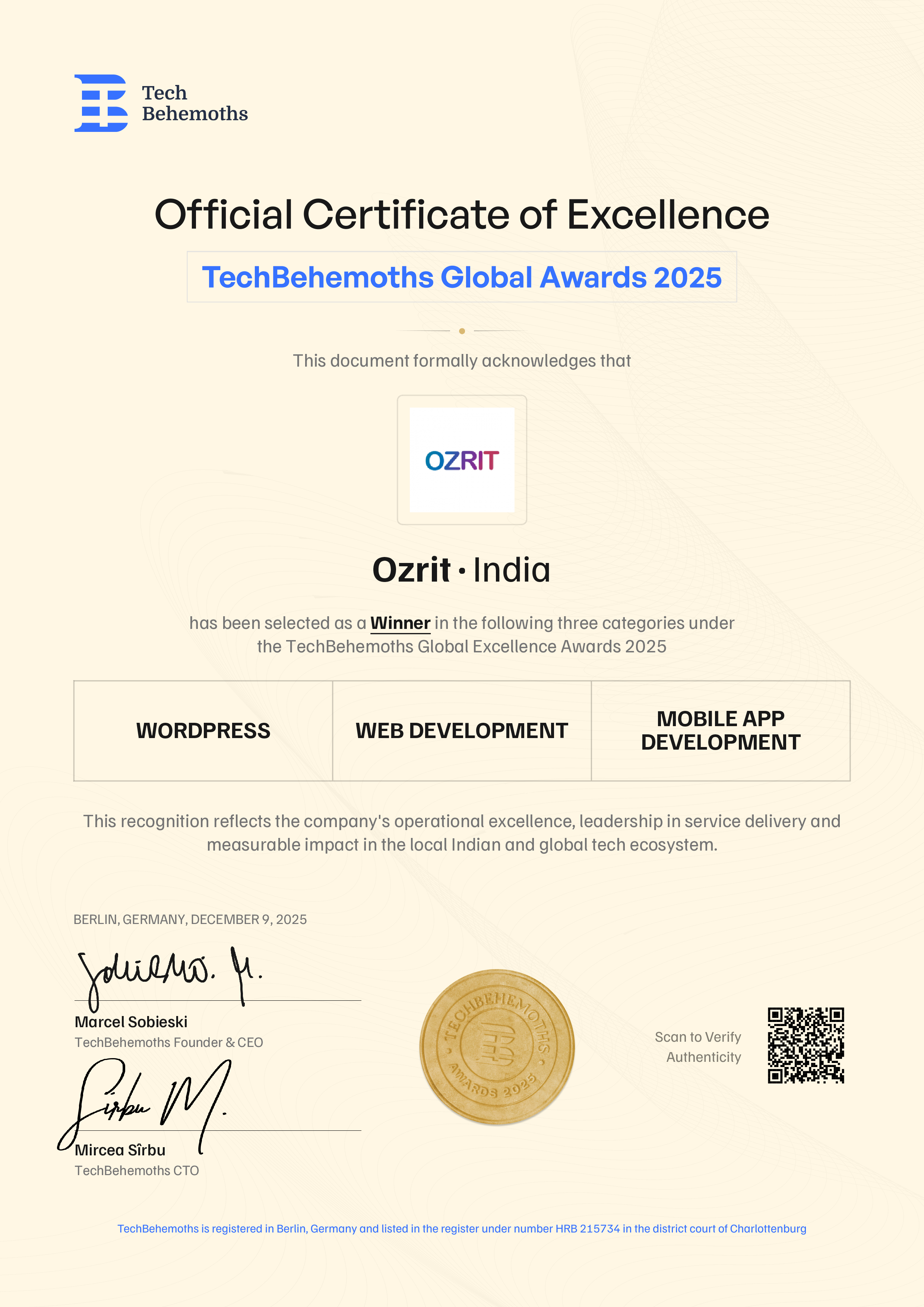 Ozrit Certificate