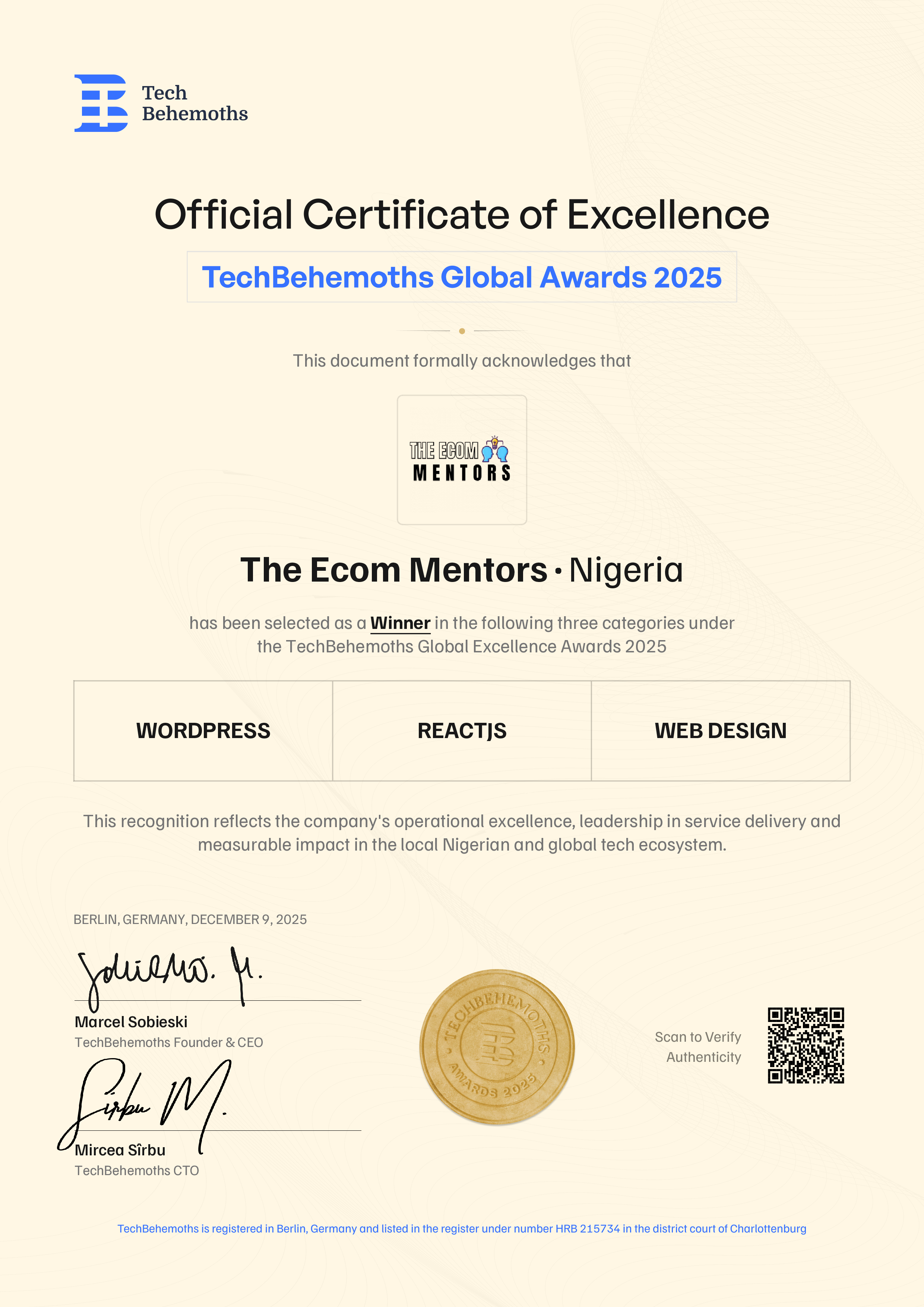 The Ecom Mentors LTD Certificate