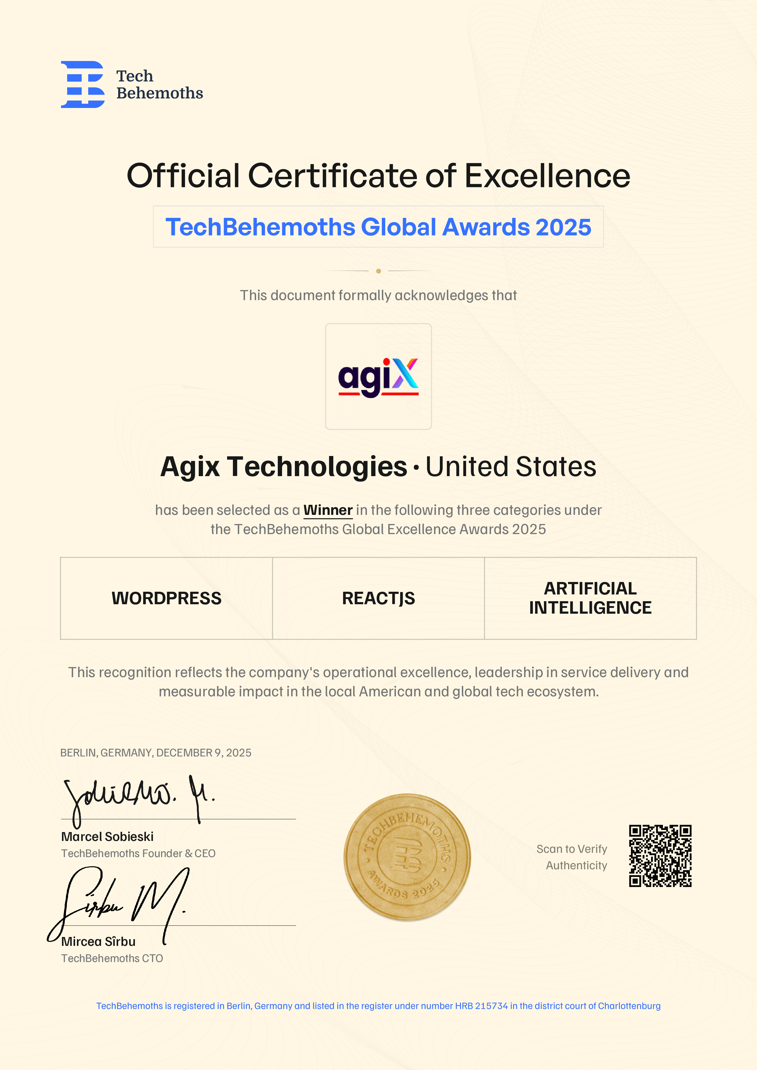 Agix Technologies Certificate