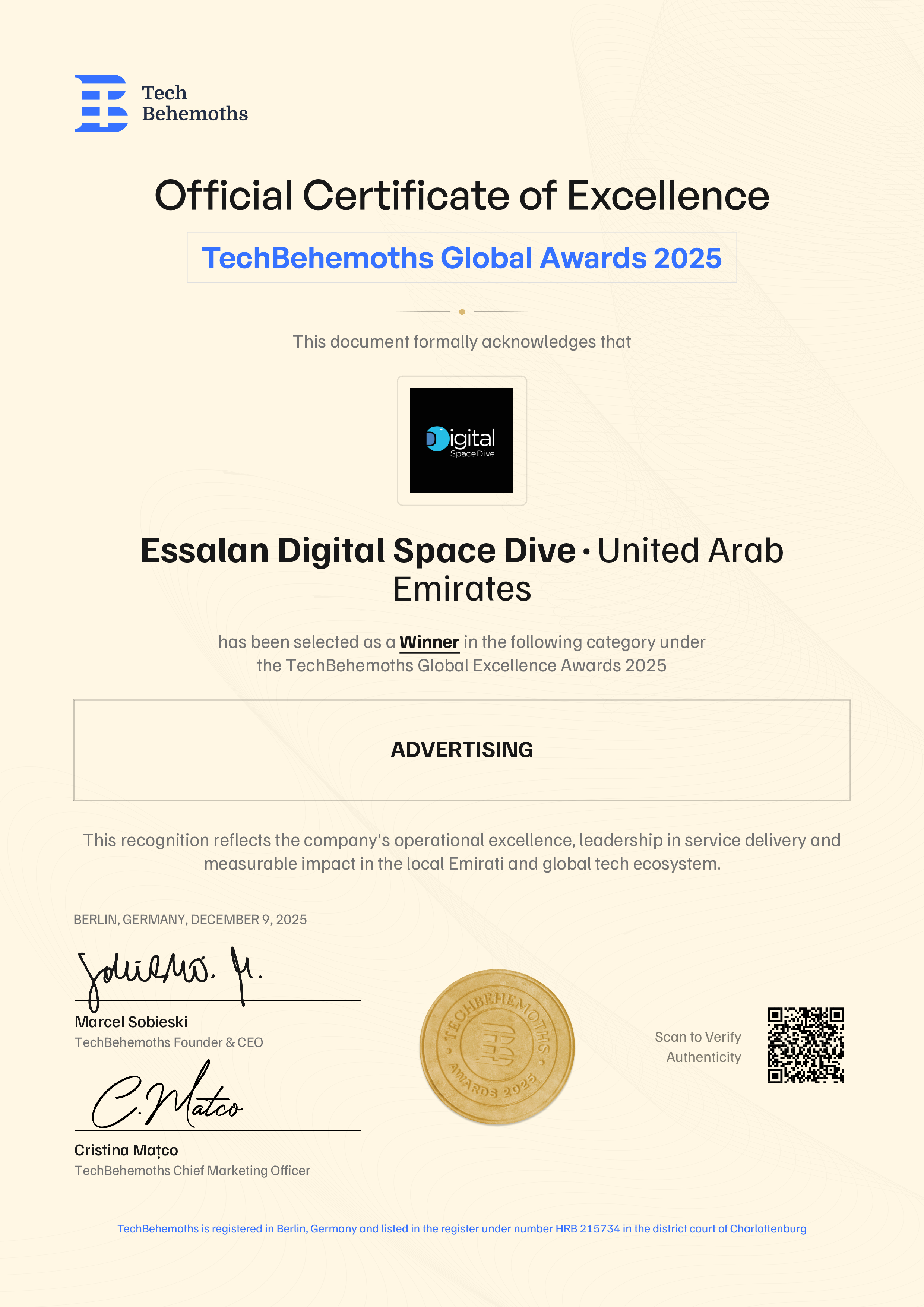 Essalan Digital Space Dive Certificate