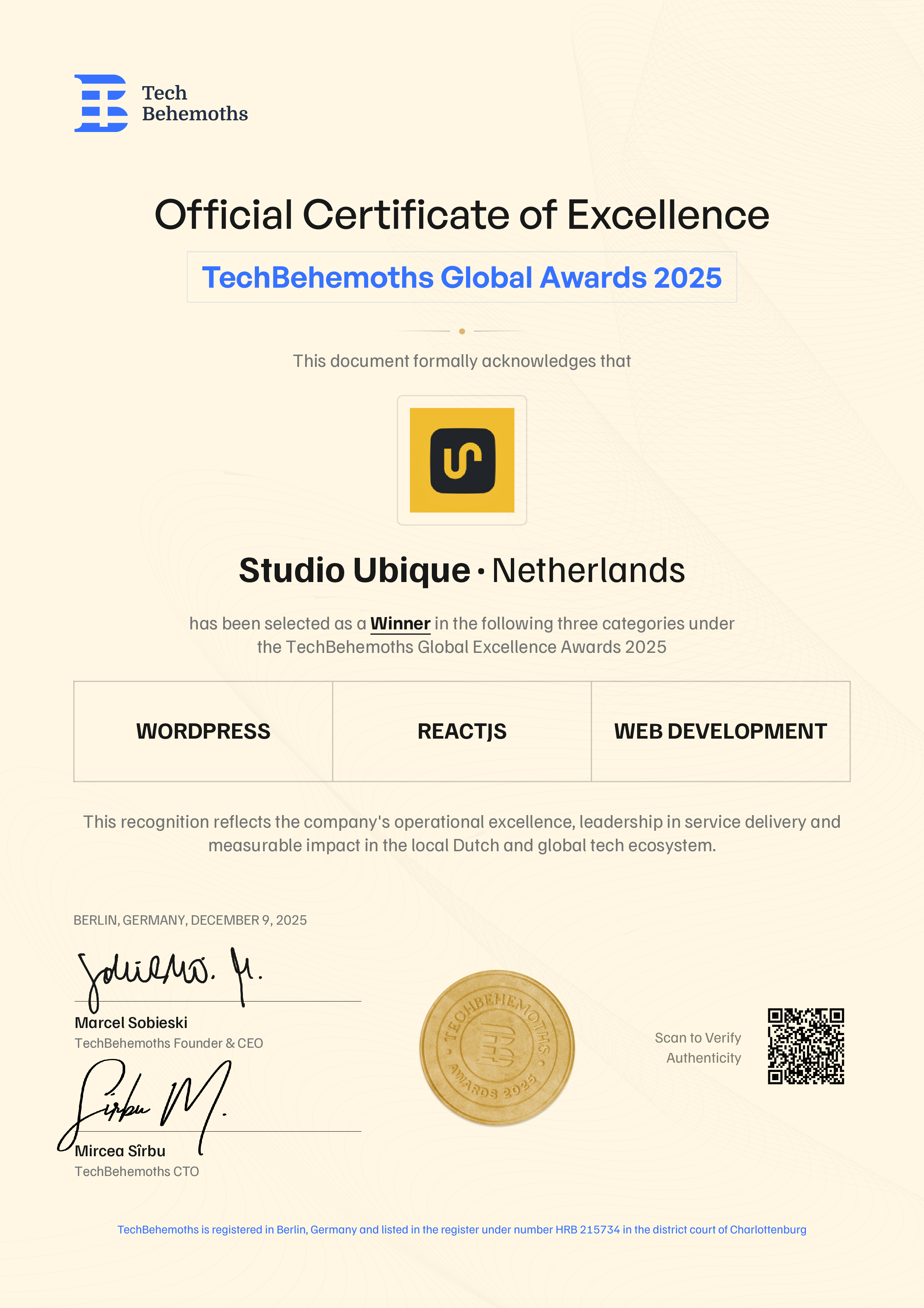 Studio Ubique Certificate