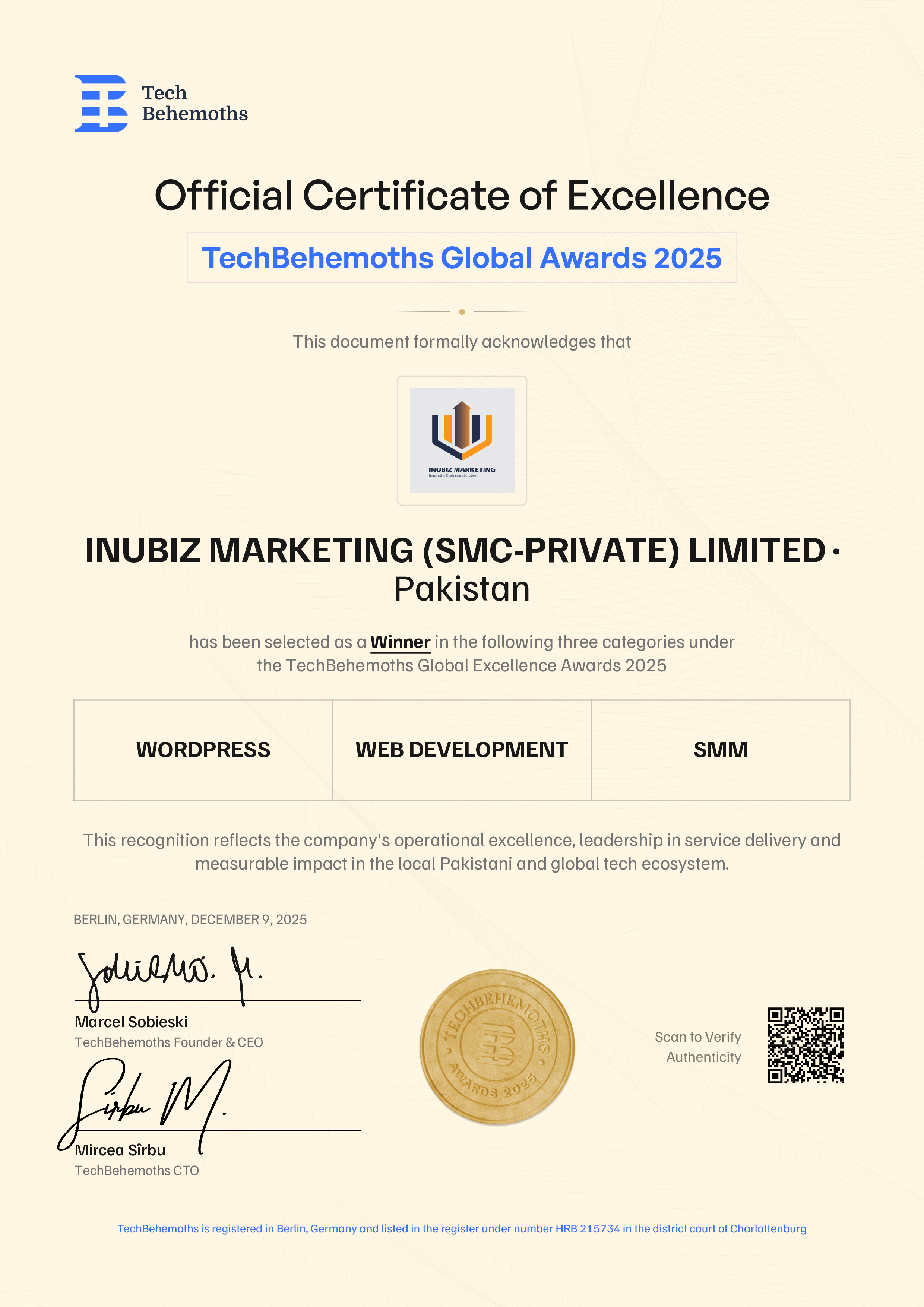 INUBIZ MARKETING (SMC-PRIVATE) LIMITED Certificate