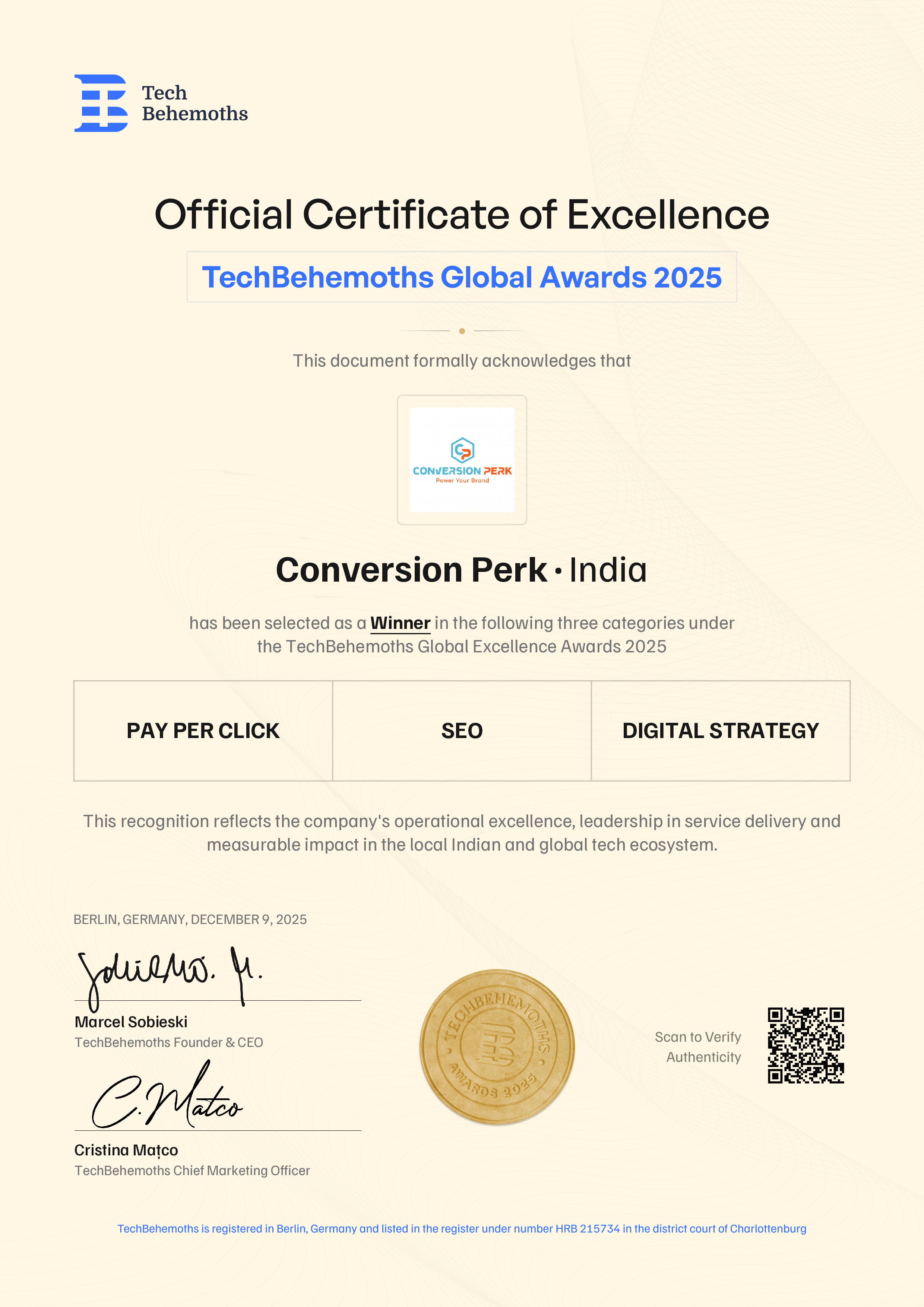 Conversion Perk Certificate