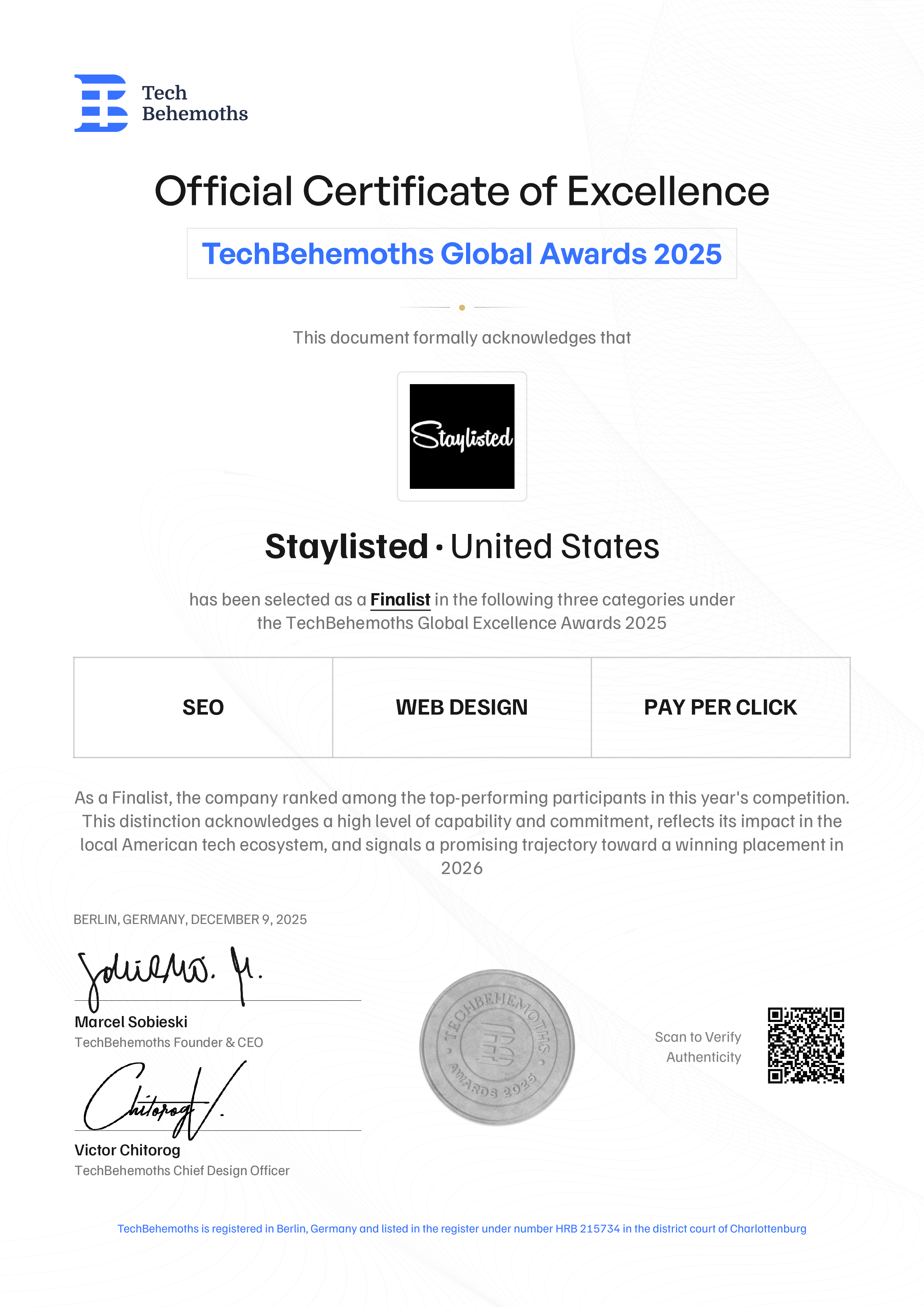 Staylisted Certificate