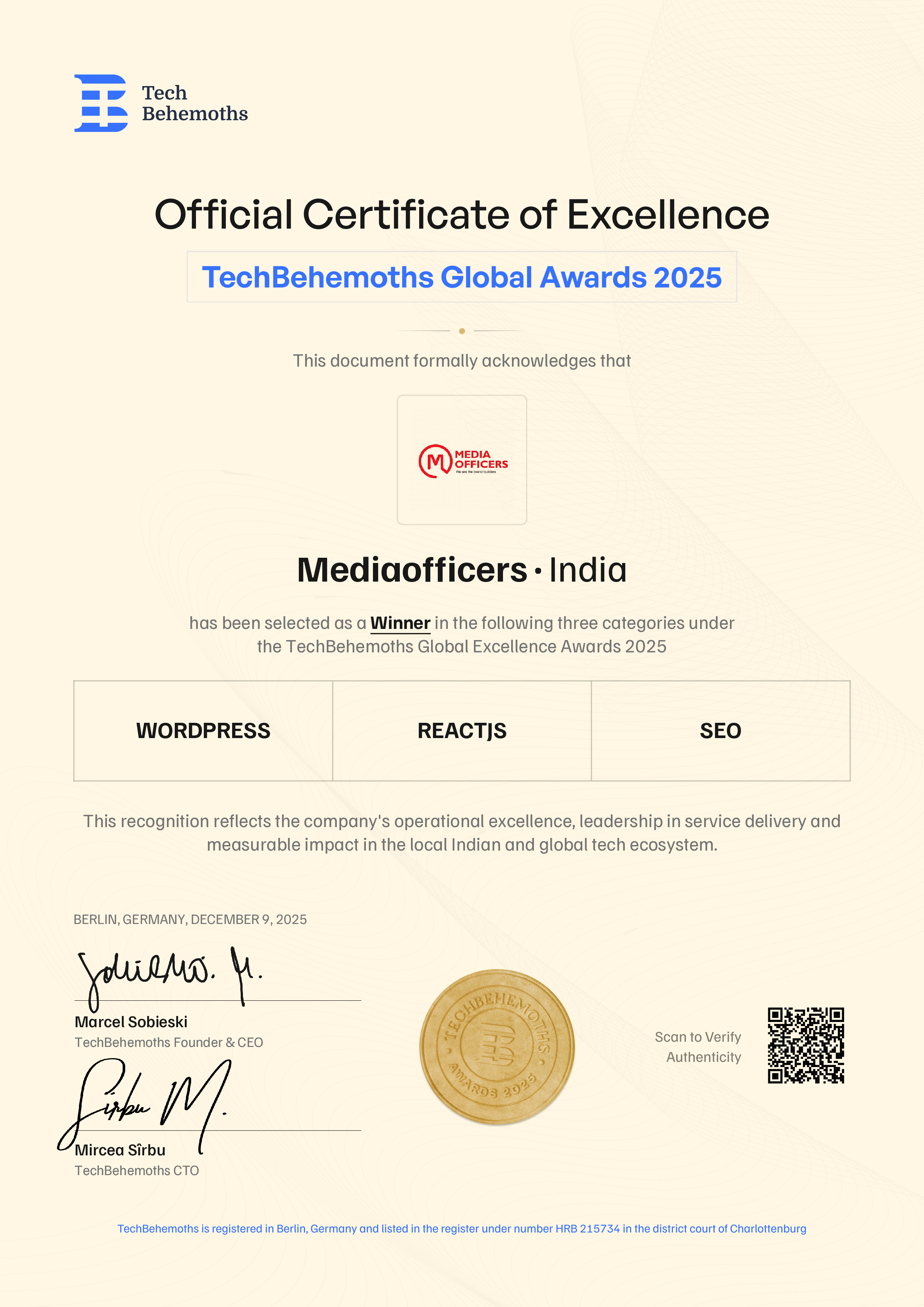 Mediaofficers: SEO & Digital Marketing Company In India Certificate