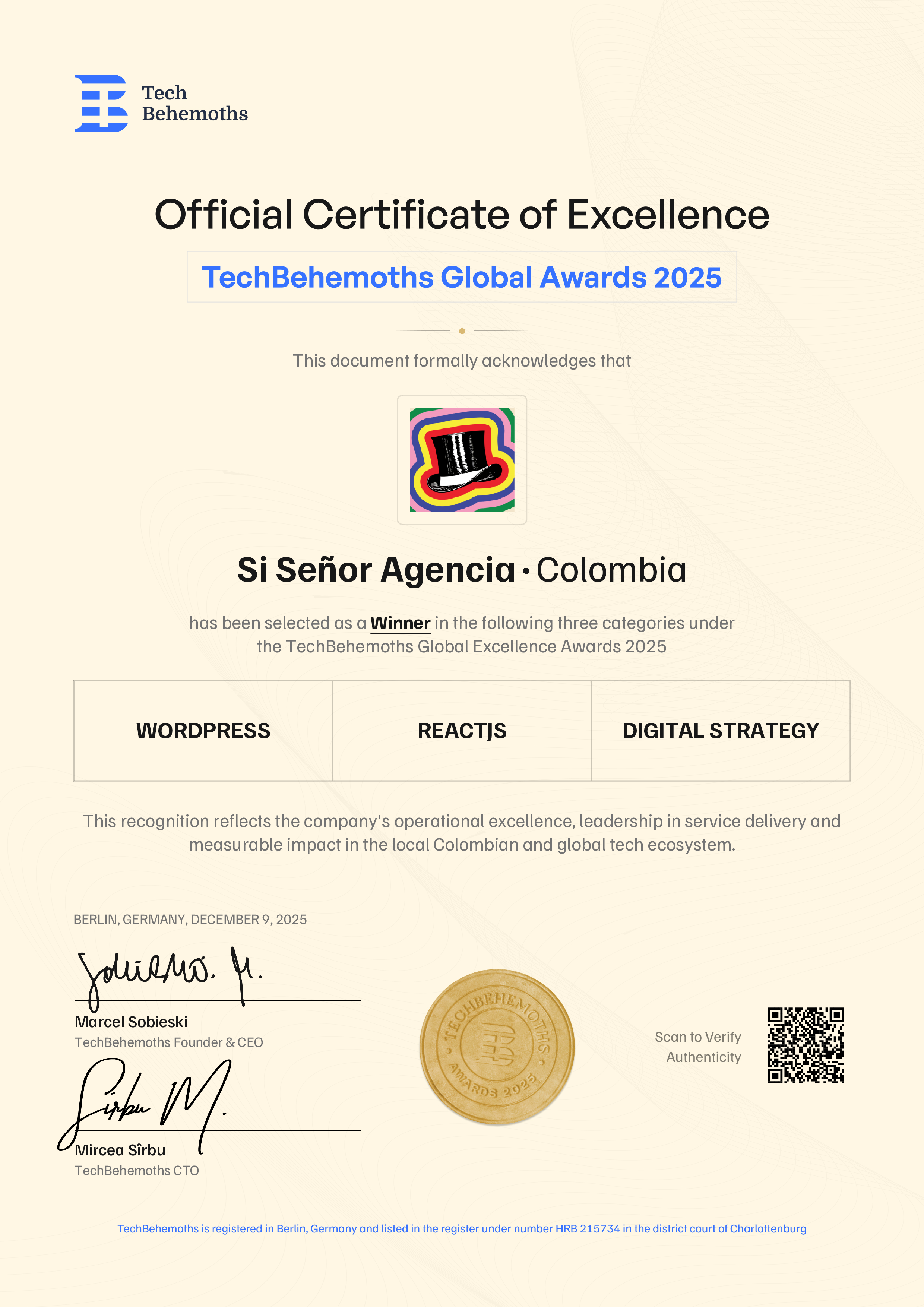 Si Señor Agencia Certificate