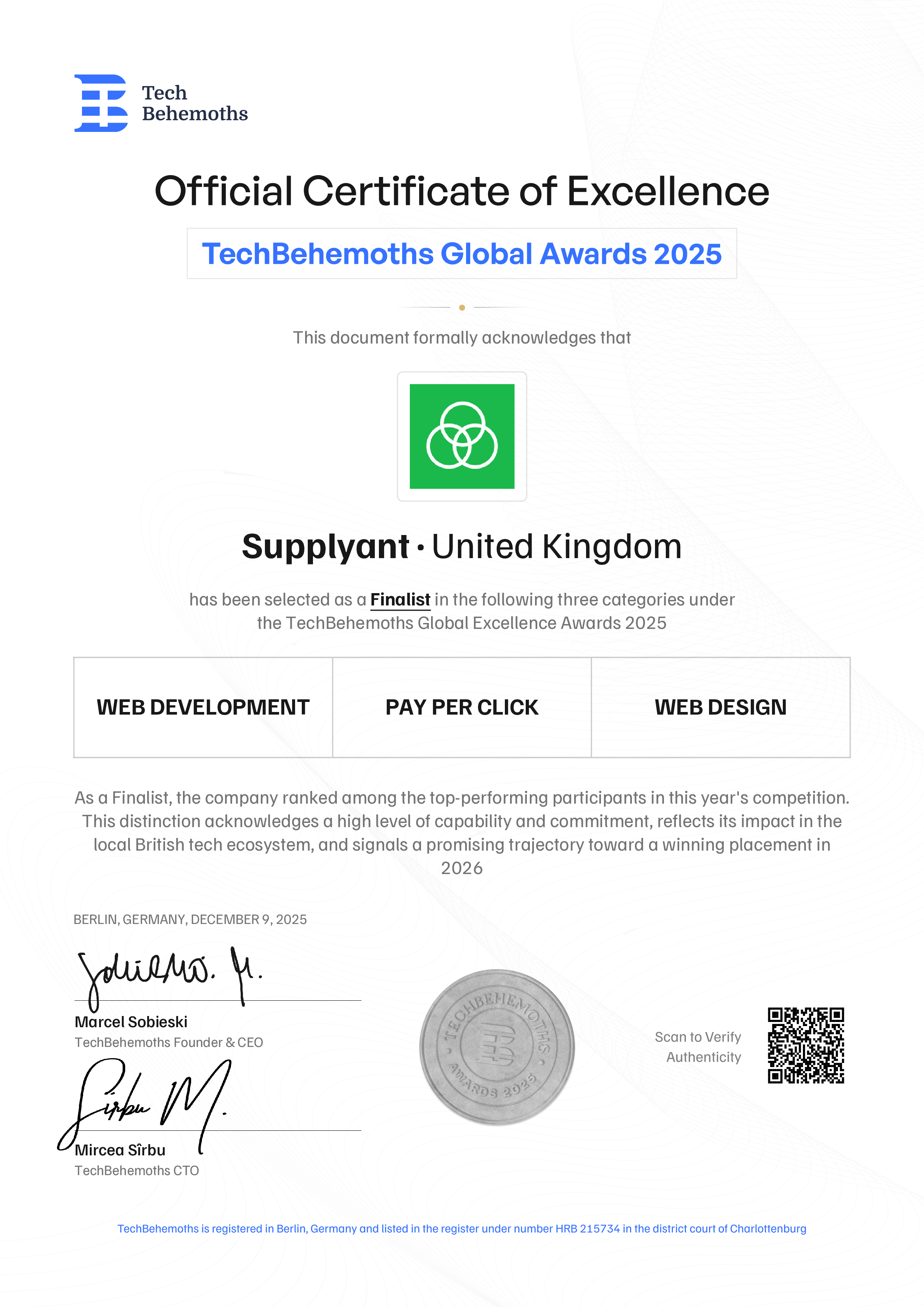 Supplyant Certificate