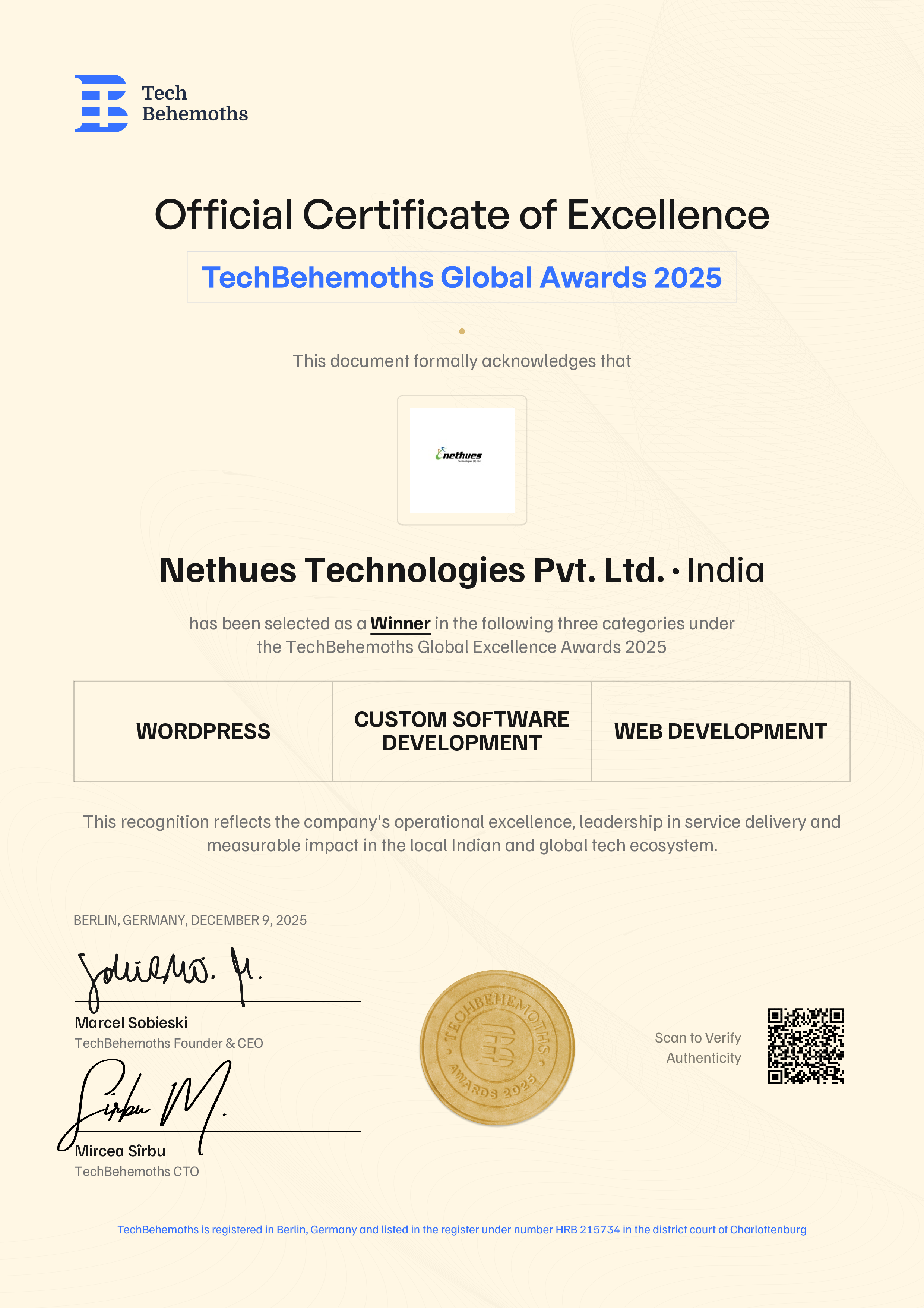 Nethues Technologies Pvt. Ltd. Certificate