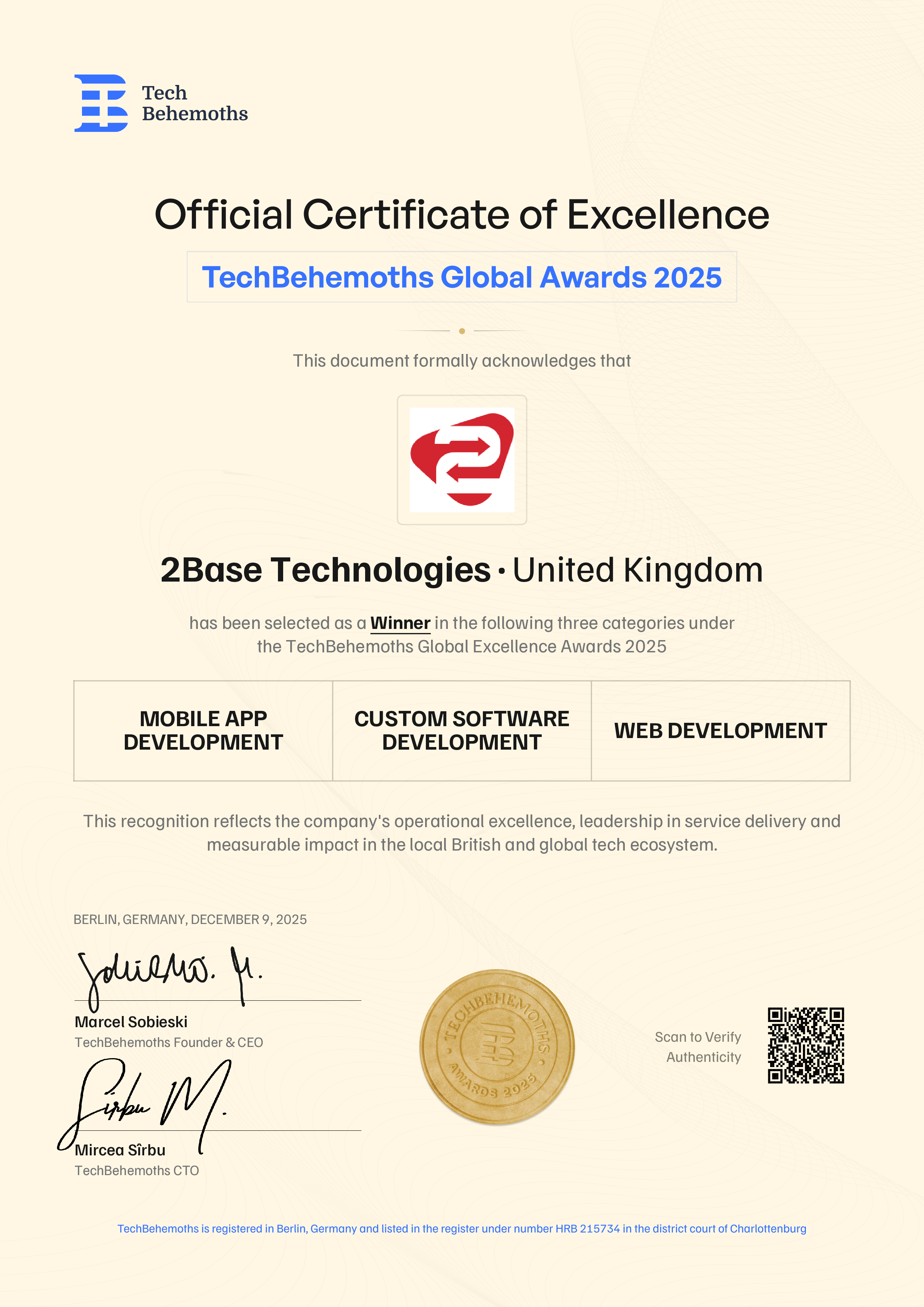 2Base Technologies Certificate