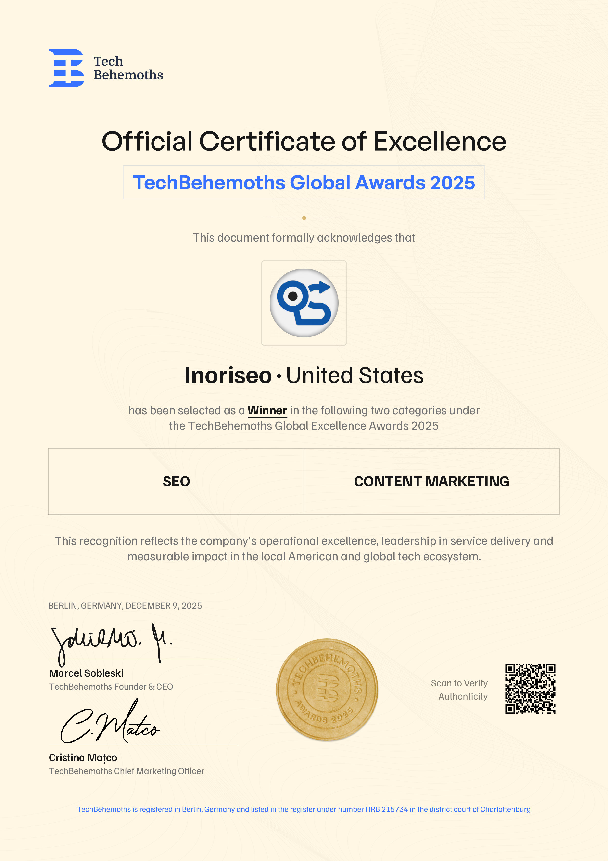 Inoriseo Certificate