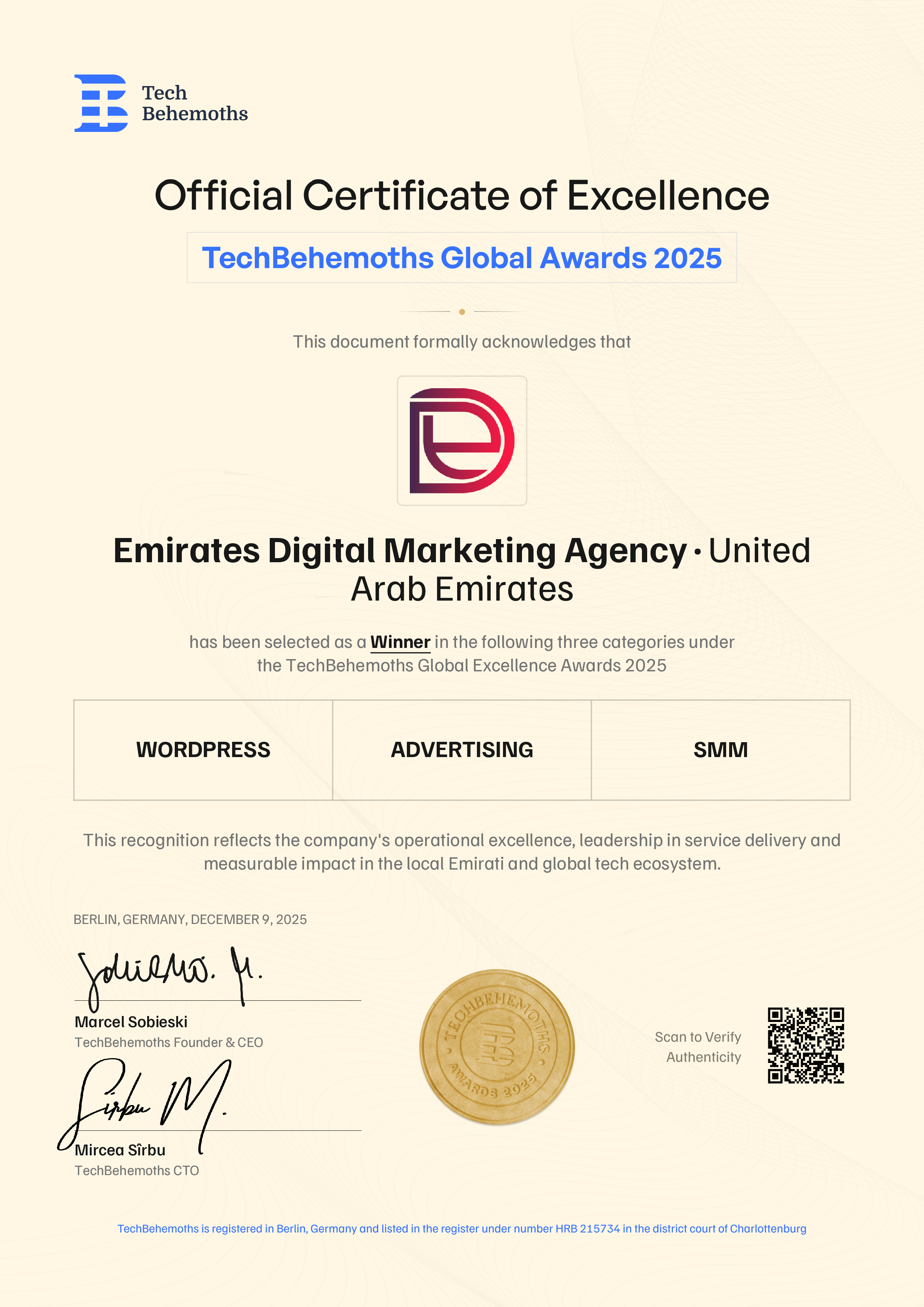 Emirates Digital Marketing Agency Certificate