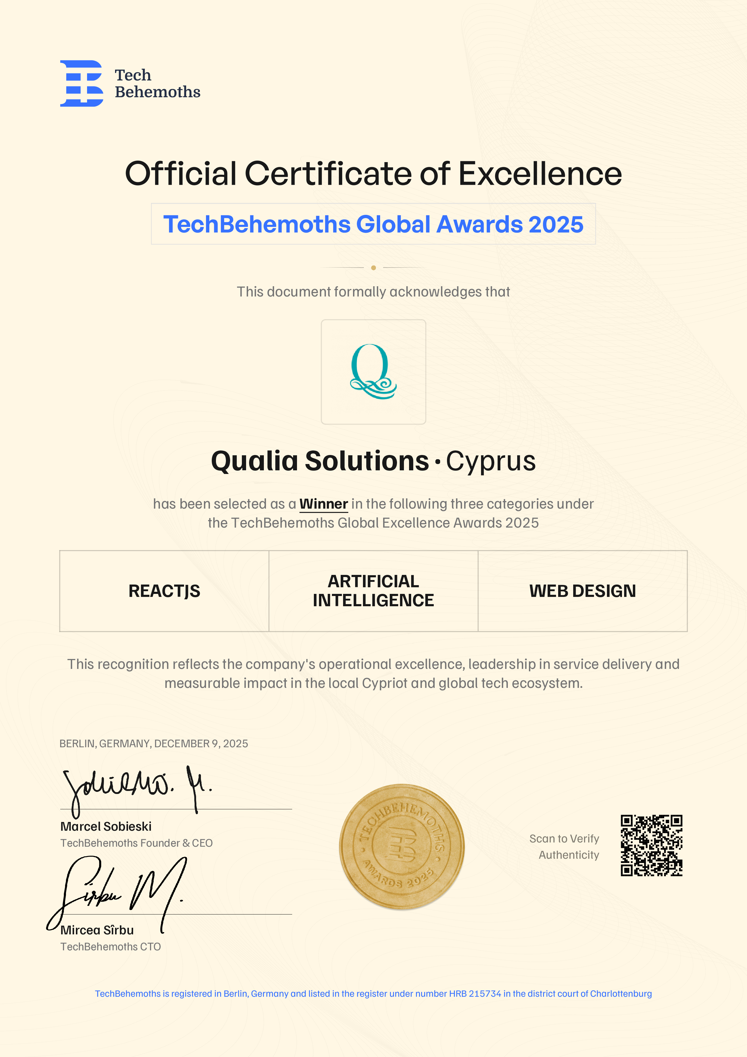 Qualia Solutions Certificate