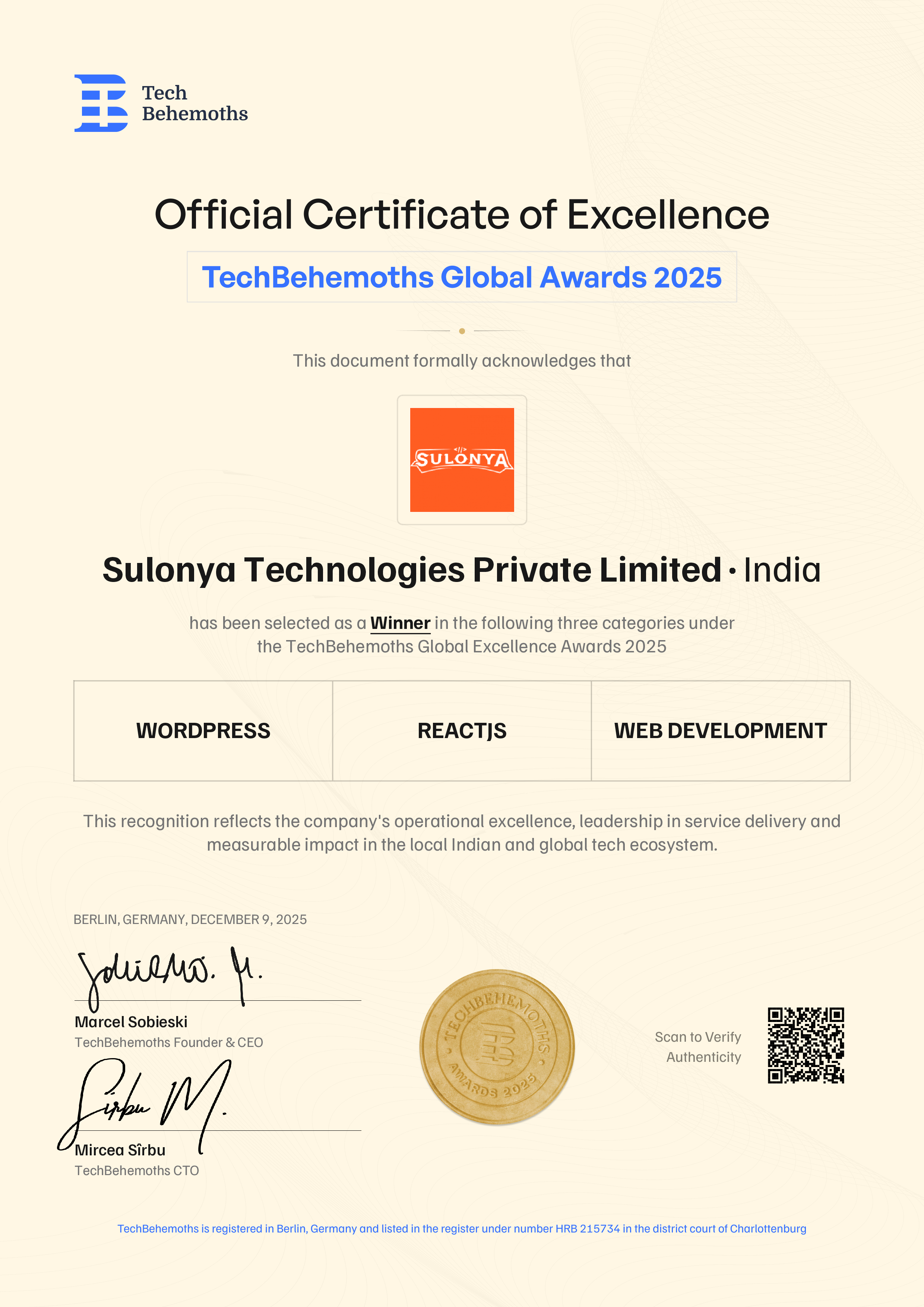 Sulonya Technologies Private Limited Certificate