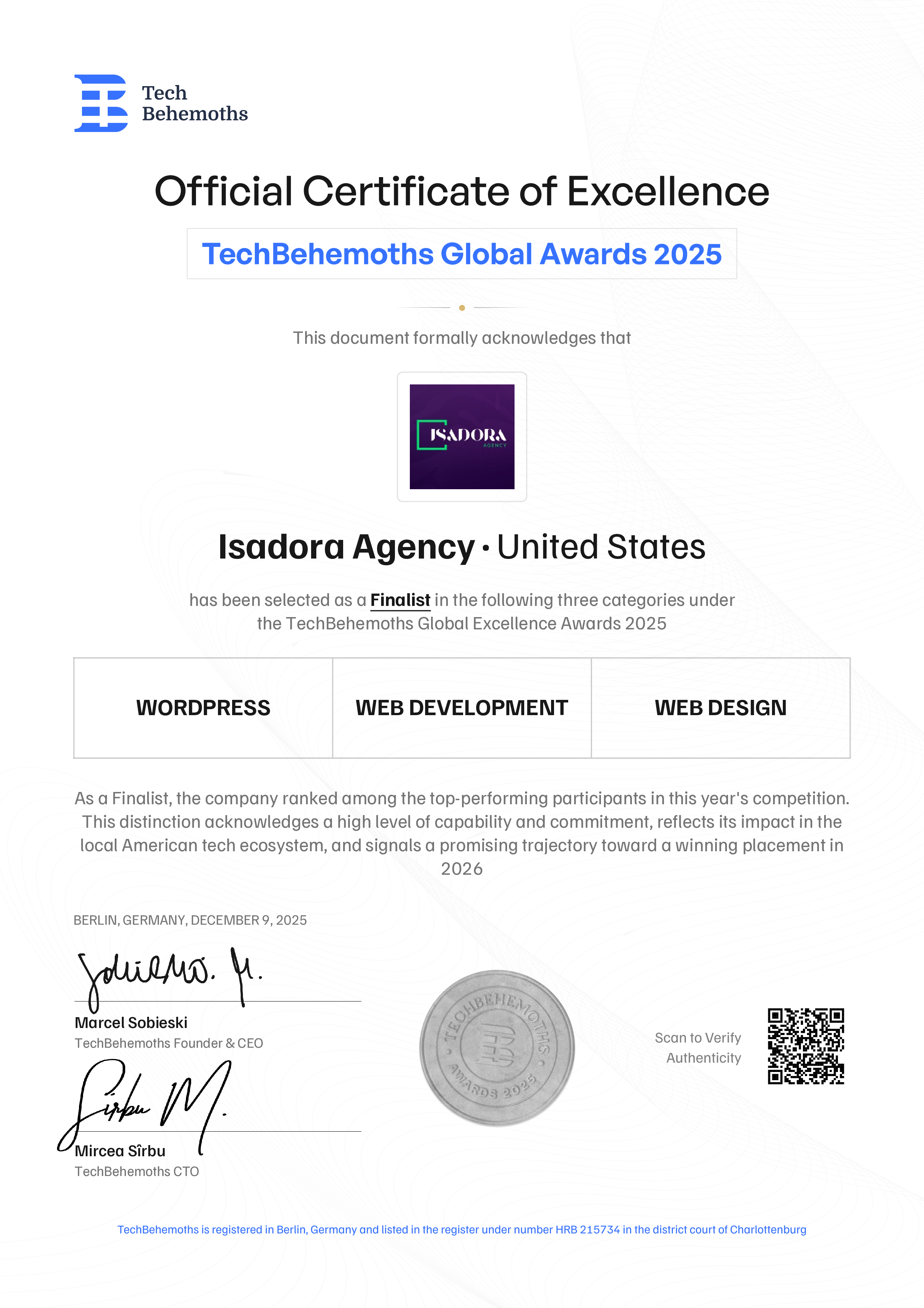Isadora Agency Certificate
